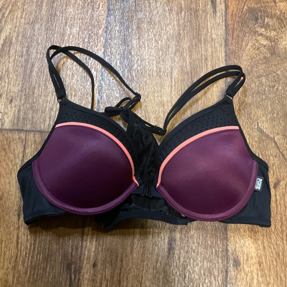 Pink 32B Push Up Pigeonnate Bra Womens Victorias Secret Purple Front Clasp